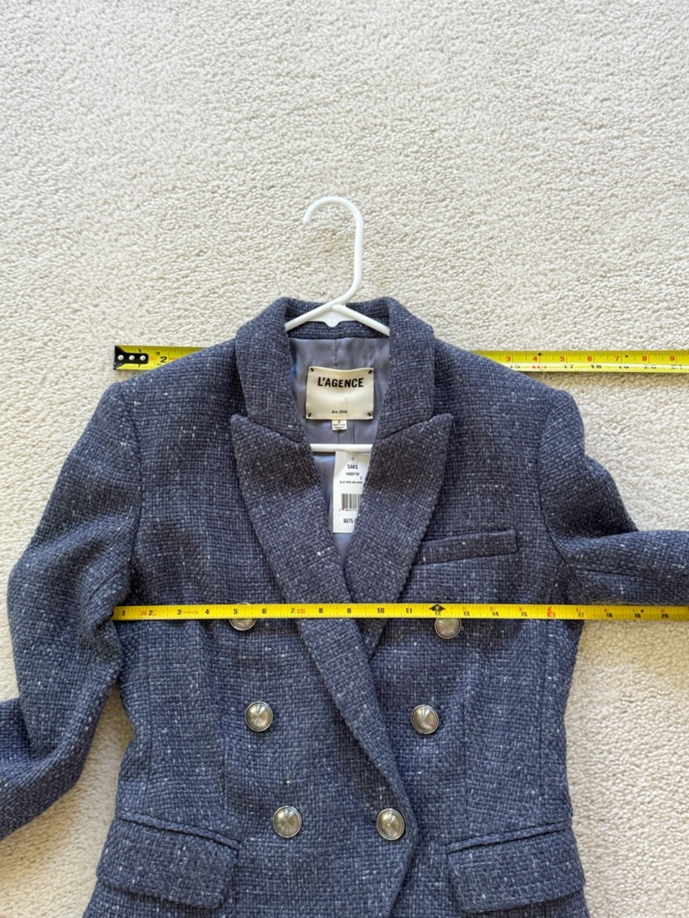 L'AGENCE Wool Blend Tweed Double-Breasted Blazer in Denim Blue - US 2 - Picture 8 of 9